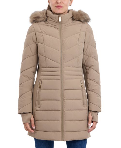 Michael Women's Faux-Fur-Trim Hooded Puffer Coat, Created for Macy's - Taupe