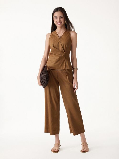 2Pcs Set Top with Side Twist & Cropped Wide Leg Pants - Tree Brown / XS