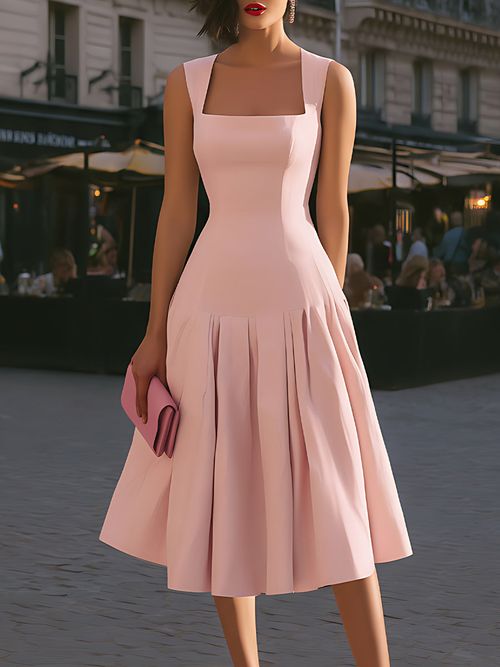 Structured Square Neck Sleeveless Midi Dress - Pink