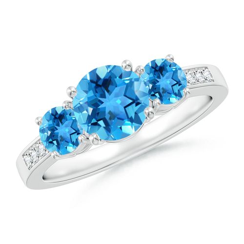 Angara 1.55 Carats Three Stone Round Swiss Blue Topaz Ring with Diamond Accents in Platinum