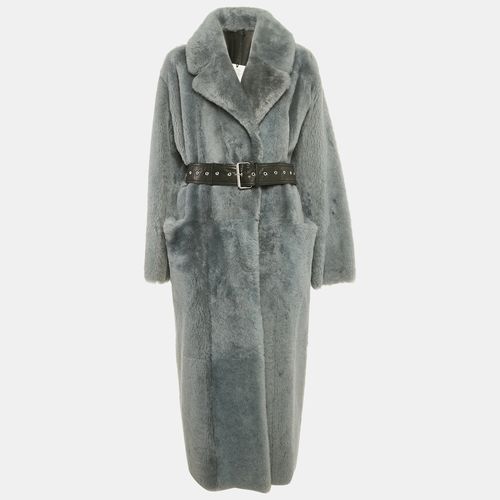 Common Leisure Blue Shearling and Leather Belted Coat