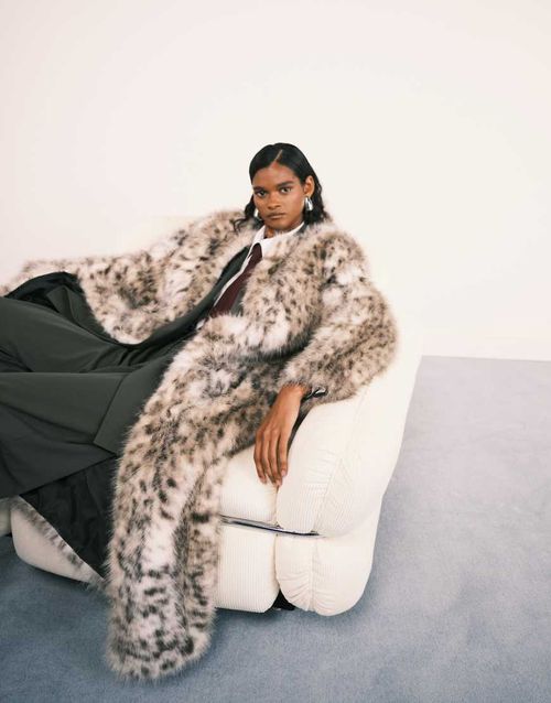 Collarless longline faux fur coat in snow leopard-Multi
