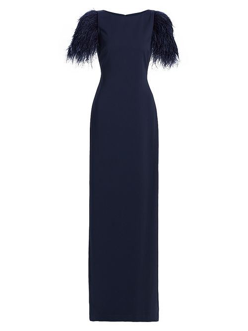 Women's Feather Cuff Odessa Crepe Column Gown - Navy