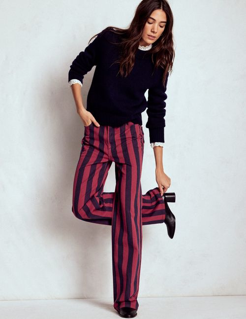 High Rise Column Leg Jeans Red and Navy Stripe
