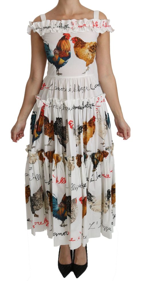 Rooster-Print Cotton Dress — White