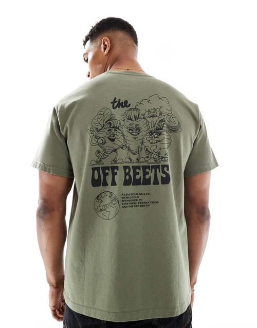 Off beets back print relaxed fit t-shirt in khaki green