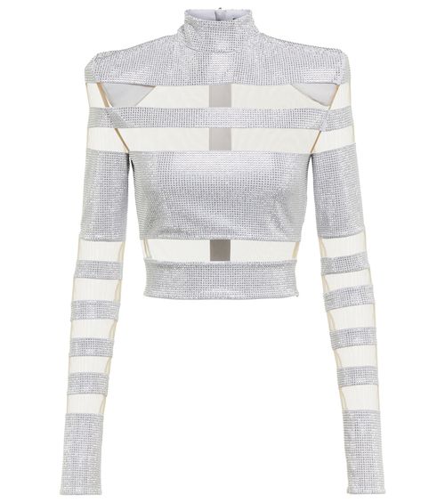 Mesh-paneled embellished top