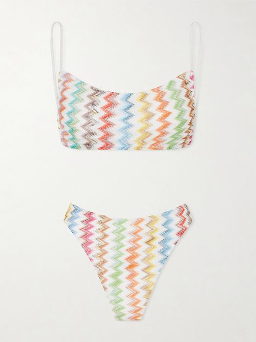 Striped Crochet-knit Triangle Bikini - White