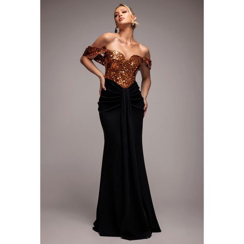 Goddiva Corset Sequin Wing Bodice Scuba Skirt Maxi Dress - Bronze