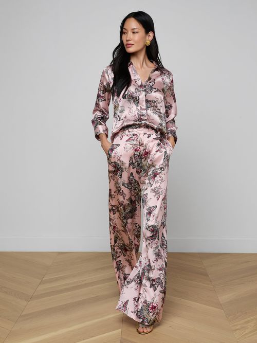 Pilar Silk Wide-Leg Pants In Light Nectar Pink Small Multi Butterfly Jungle