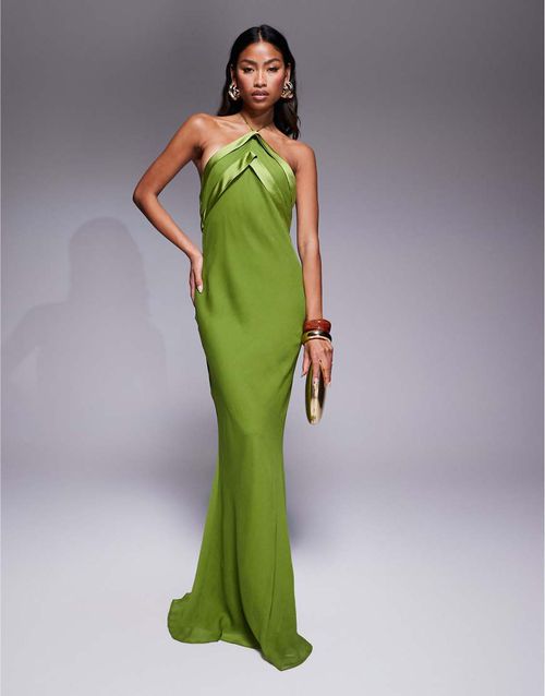 ASOS DESIGN | ASOS DESIGN linen open back draped waist midi dress in khaki- Green | Realry
