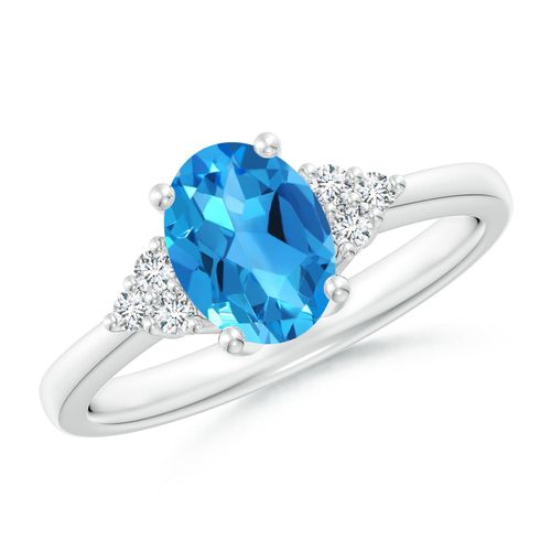 Angara 1.5 Carats Solitaire Oval Swiss Blue Topaz Ring with Trio Diamond Accents in Platinum