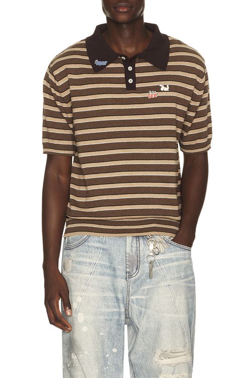 Carne Bollente Pin-Up Patrol Polo in Stripe - Brown. L also in M, S, XL/1X