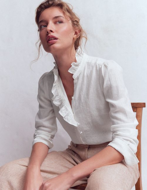 Women's Isabel Ruffle Linen Shirt in White | Size 8