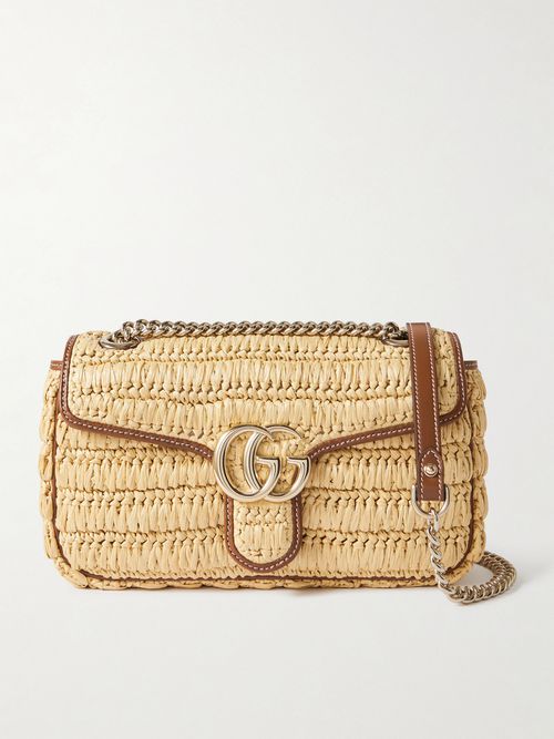 Gg Marmont 2.0 Leather-trimmed Raffia Shoulder Bag - Neutral