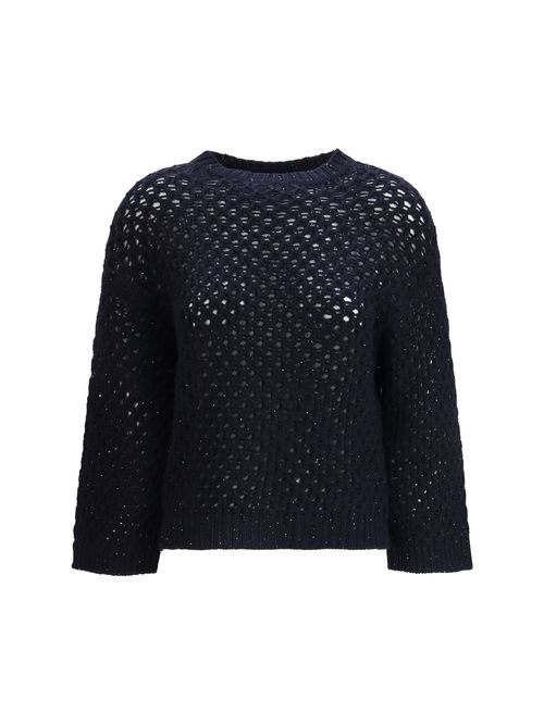 Sequin-Embellished Platinum Yarn Sweater — Navy