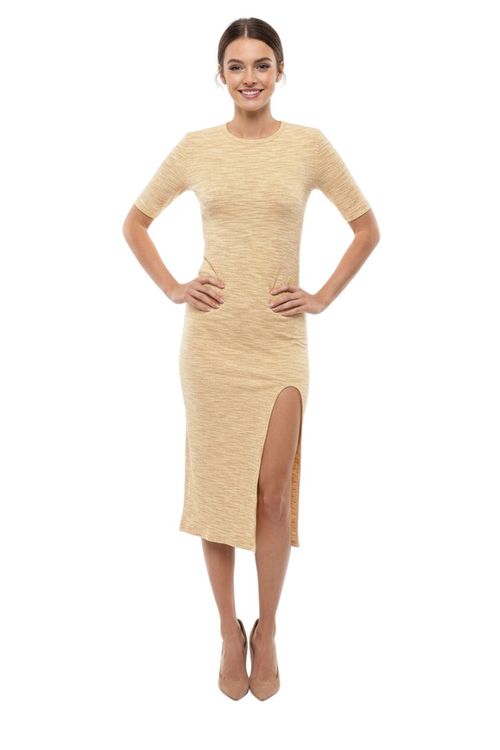 Beige Textured Round Neck Midi Dress