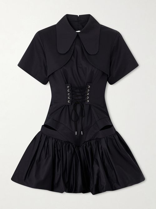 Open-back Pleated Cotton-poplin Mini Corset Dress - Black