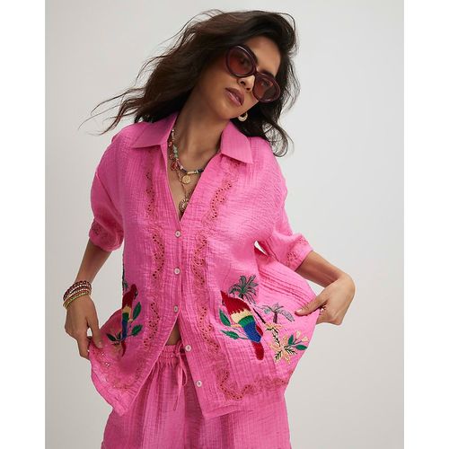 River Island Womens Top Pink Parrot Embroidered Broderie Short Sleeve Viscose - X-Sma