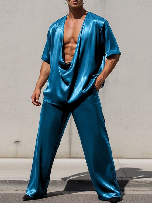 Men's Satin-like Deep V Draped Neck Two Pieces Outfit SKUL55429 - Blue / S