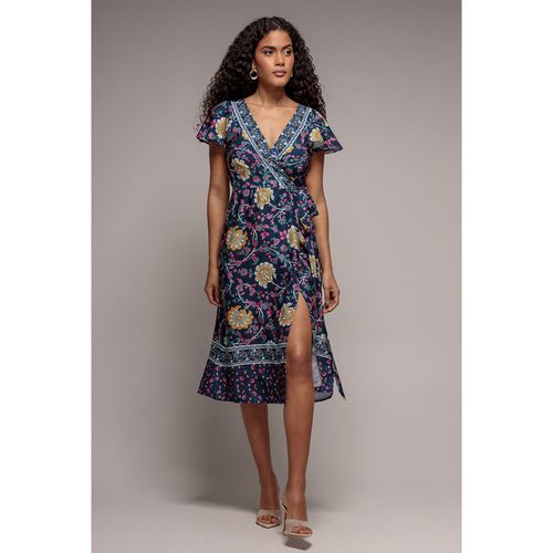 Floral Print Wrap Midi With Flutter Sleeves - Navy Print by Goddiva