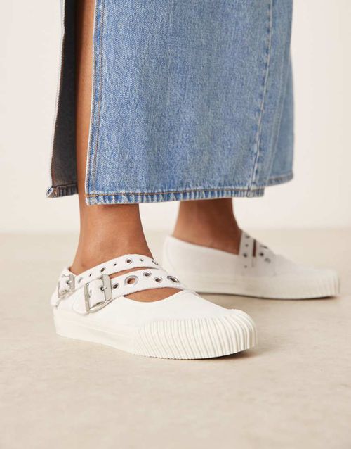 Mary Jane cross strap ballet pumps with buckle detailing in white