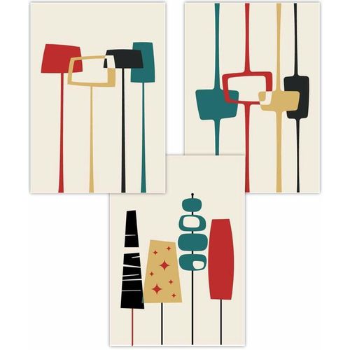 Set of 3 Mid Century Modern in Teal Red Yellow Art Posters