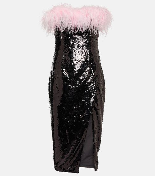 Self-Portrait Feather-trimmed sequined minidress