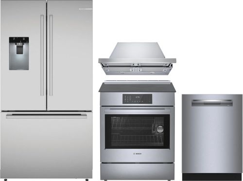 Bosch 4 Piece Kitchen Appliances Package with French Door Refrigerator, Induction Range and Dishwasher in Stainless Steel BORERADWRH