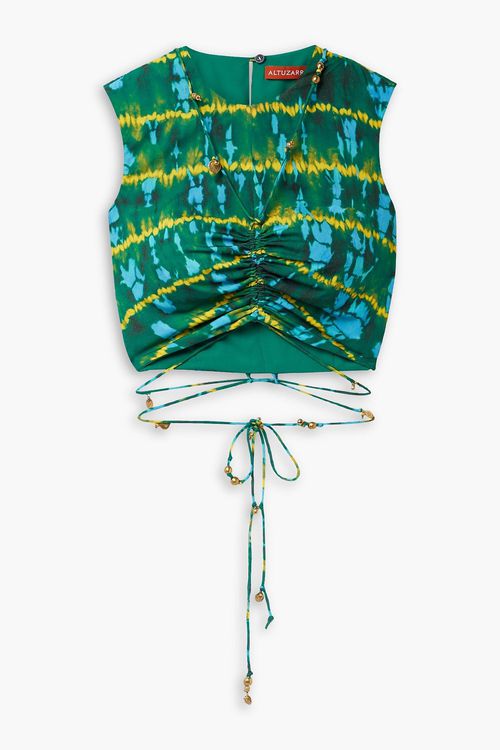 Ayana cropped embellished ruched tie-dyed crepe de chine top