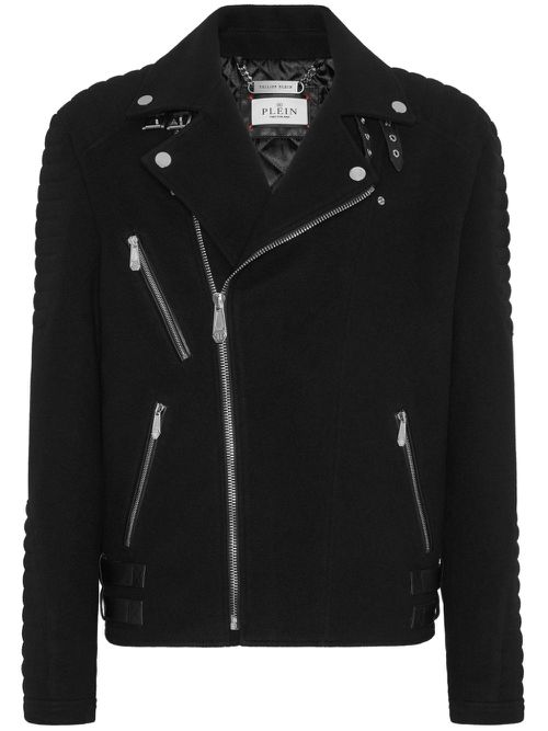Logo-appliqué padded biker jacket - Black