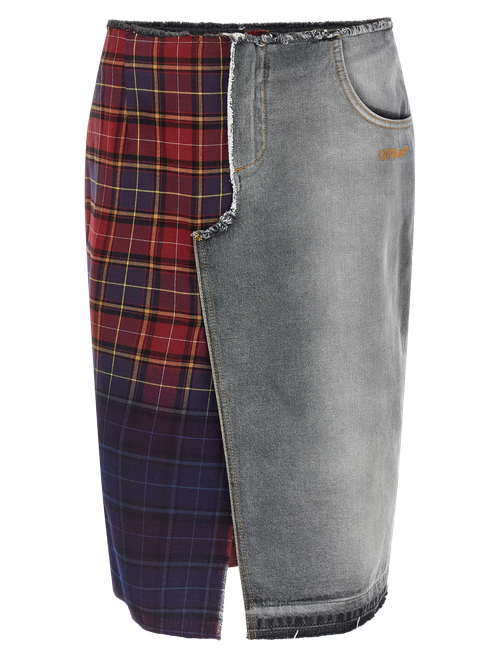 Patchwork Denim and Plaid Skirt — Multicolor
