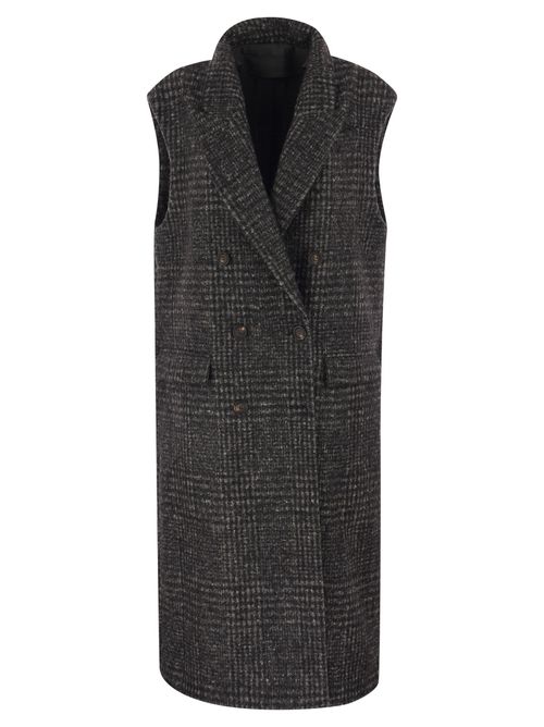 Sleeveless Coat In Prince Of Wales Cloth Of Virgin Wool, Alpaca And Mohair With Monile