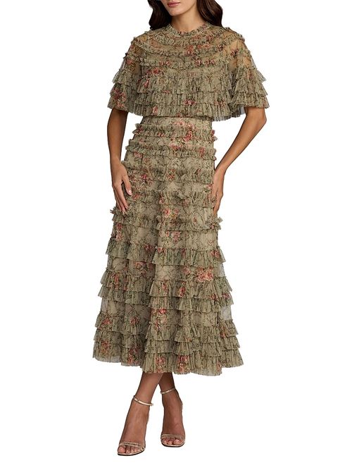 Women's Floral Ruffled Mesh Cape Midi-Dress - Olive