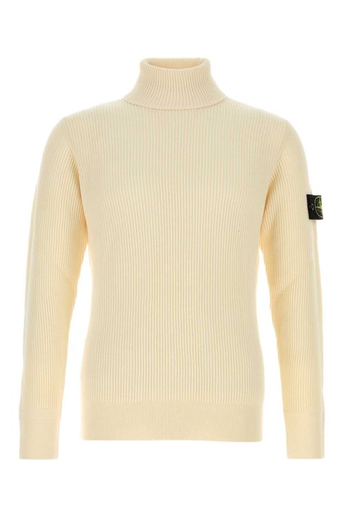 Virgin Wool Ribbed Turtleneck Sweater — Beige