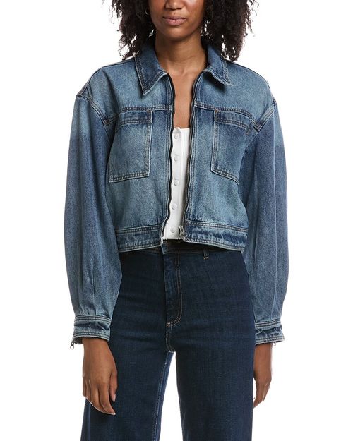 Blouson Sleeve Cropped Zip Up Denim Jacket
