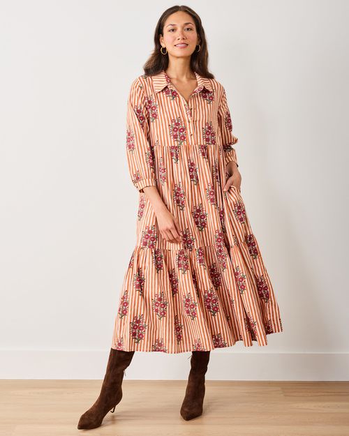 Organic Cotton 3/4 Sleeve Midi Shirt Dress in Wildflower Stripes | Women's XS | Red