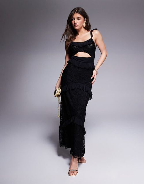 ASOS DESIGN | ASOS DESIGN lace and mesh mix tiered ruffle maxi dress in  black-White | Realry