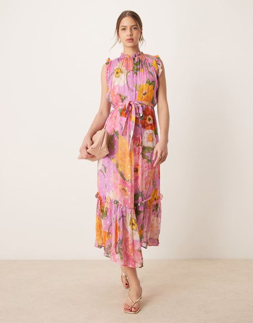 Hope & Ivy high neck ruffle midi dress with tie waist in pink print