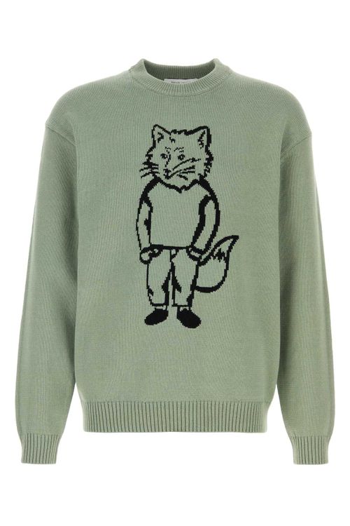 Maison Kitsune Cat-Embroidered Cotton Blend Sweater — Green