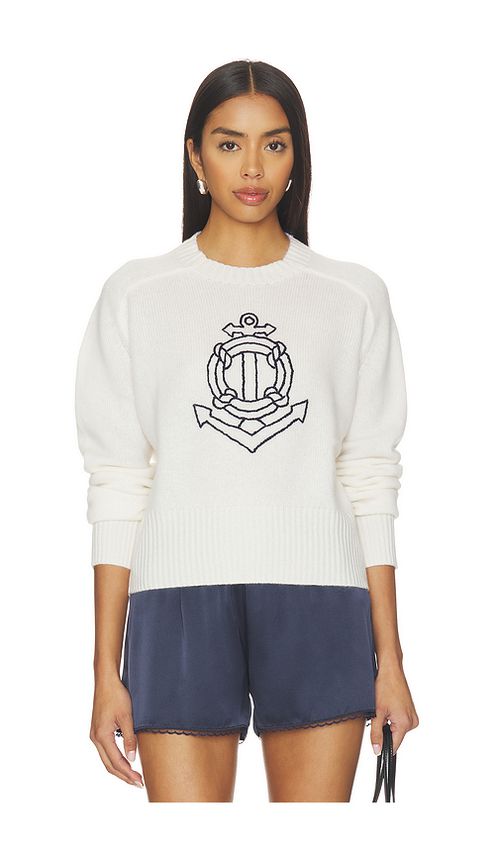 White & Warren Featherweight Cashmere Nautical Embroidered Sweater in White. - XS also in