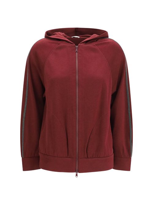 Monili-Embellished Cotton Blend Zip Hoodie — Red