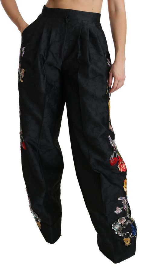 Brocade Floral Sequined Beaded Trousers — Black