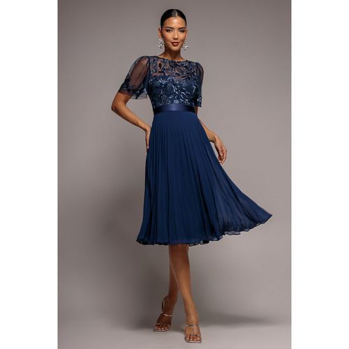 Goddiva Embroidered Top Chiffon Pleated Midi - Navy Blue