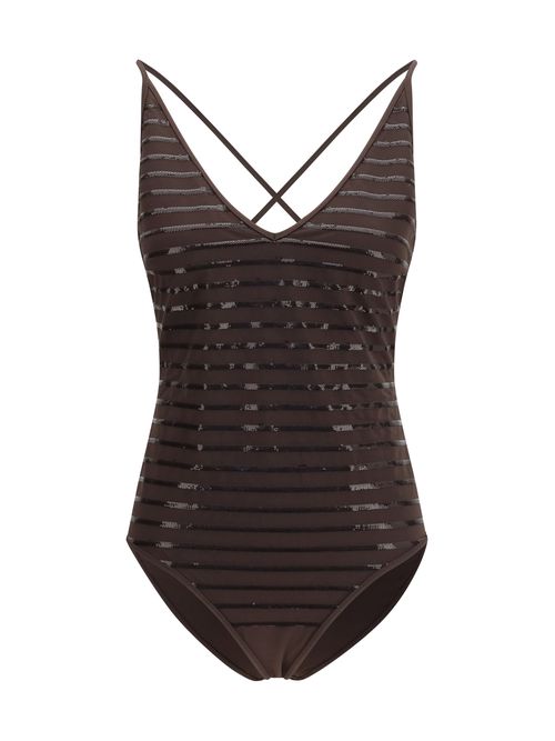 Sequin-Striped One-Piece Swimsuit — Brown
