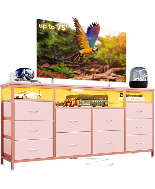 63.3 Inch Black Dresser for Bedroom, 10 Drawer Dresser Tv Stand - Pink