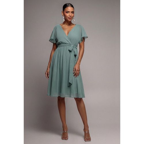 Goddiva Sustainable Flutter Sleeve Chiffon Wrap Midi Dress - Sage Green