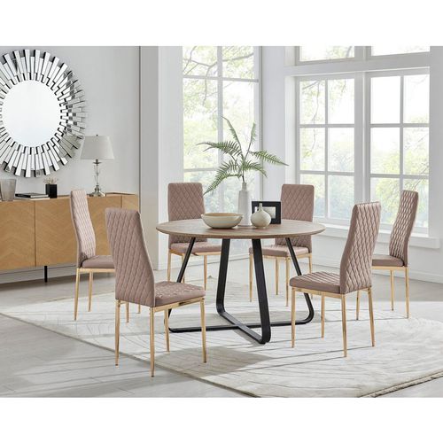 Santorini Brown Round Dining Table And 4/6 Gold Leg Milan Chairs