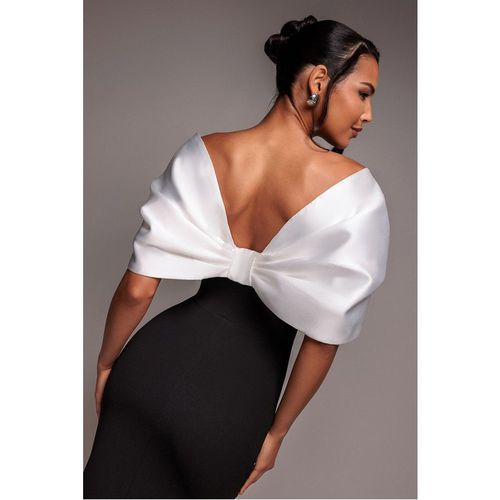 Goddiva Contrast Off Shoulder Back Satin Bow Scuba Maxi Dress - Black Crea