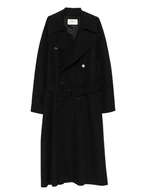 Double-Breasted Long Coat In Grain De Poudre